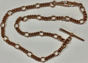 A 9ct rose gold fancy curb link Albert chain, T-bar and clasp, marked 375, 40.5g