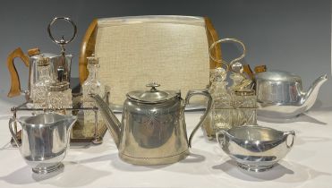 A Piquot Ware four piece tea service on tray, mid-20th century; a silver plated cruet set;