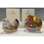 A Royal Crown Derby paperweight, Cockerel, gold stopper, boxed; another, Hen, gold stopper, boxed (