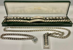 A silver ingot pendant Sheffield 1977, silver necklace chain, 59g; two silver identity bracelets and