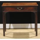 A George III mahogany side table, drawer to frieze, pierced Gothic Chippendale spandrels, 71.5cm