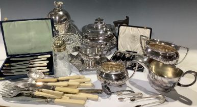 Plated Ware - a late Victorian/Edwardian egg coddler; a Walker & Hall three piece tea service; a