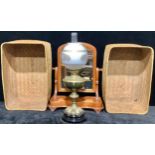 A Victorian mahogany dressing mirror; a brass oil lamp; two log baskets (4)