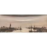 Ken Hammond (20th century) Harbour Scene in Silhouette signed, oil on board, 44cm x 103cm