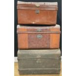 A large tin steamer trunk, 72cm wide; others similar (3)