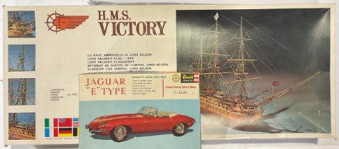 An H.M.S. Victory 1:98 scale model ship; A Jaguar ‘E’ Type 1:25 scale model car (2)