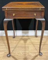 An Edwardian mahogany envelope card table, drawer to frieze, 74cm high, the top 51cm square, c.1905