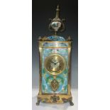 A Chinese lacquered brass cloisonné mantel clock, the rectangular side panels painted with Hindu
