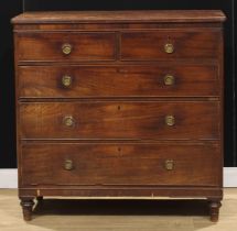 A George III mahogany chest, of two short and three long graduated drawers, loose ring lion mask