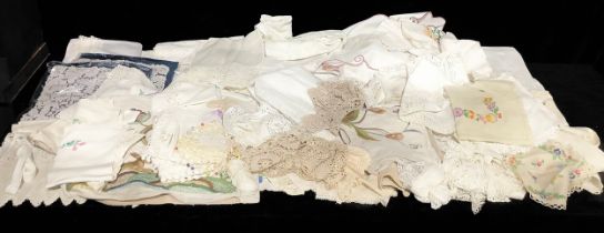 Textiles - a quantity of hand embroidered and lace edged linen, tablecloths, pillow cases,