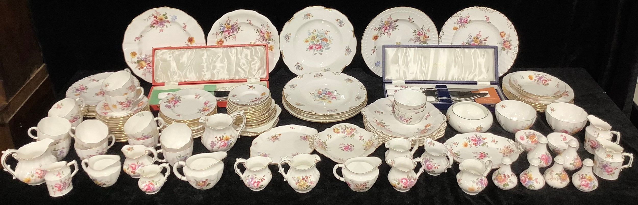 A Royal Crown Derby Posies pattern dinner and tea set, other pieces, milk jugs and sugar bowls, salt