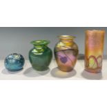 An Okra iridescent art glass ovoid vase, applied with trailing lily pads, 13cm, monogrammed RPG,