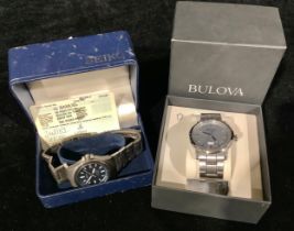 A gentleman's Bulova stainless steel watch, baton indicators, date aperture, centre seconds,