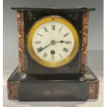 A French slate mantel clock, white enamel dial, Roman numerals, single winding hole, inlaid with