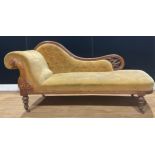 A Victorian walnut and mahogany chaise longue, deep-button back, stuffed-over upholstery, 90.5cm