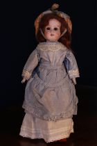 A German bisque shoulder head doll, the bisque head inset with fixed brown glass eyes, painted