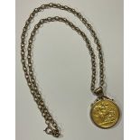 A Victorian gold double sovereign, mounted in 9ct gold as a pendant, 9ct gold necklace chain, 39.7g