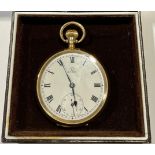 A 9ct gold Omega open face pocket watch, white dial, Roman numerals, subsidiary seconds dial, 6.