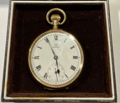 A 9ct gold Omega open face pocket watch, white dial, Roman numerals, subsidiary seconds dial, 6.