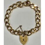 A 9ct gold curb link bracelet, love heart clasp, marked 375, 17.7g