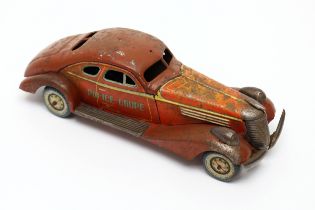 Toys & Juvenalia - a Kuramochi (CK Toys, Japan) tinplate and clockwork Police coupe car, 28cm