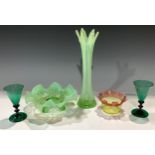 A Victorian Vaseline uranium glass pulpit type vase, 33cm; a uranium glass fluted dish, 23cm