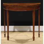 A Sheraton Revival satinwood crossbanded mahogany demilune card table, 71.5cm high, 75cm wide,