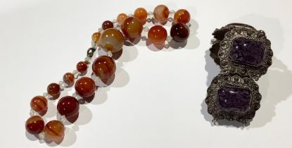 Jewellery - a string of agate beads; a Continental silver bracelet, marked 950 (2)