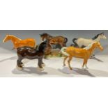 A Beswick model of a Shire Horse, 21cm; others, dappled grey, tan, brown horse with foal (5)