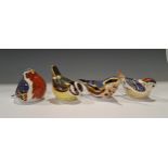 A Royal Crown Derby paperweight, Goldcrest, gold stopper; others, Blue Tit, Nuthatch, Robin, all