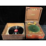 An Edison Bell De Luxe Electron portable wind-up gramophone; a box of '78 records