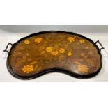 An Edwardian mahogany marquetry inlaid kidney shaped gallery tray, 59cm