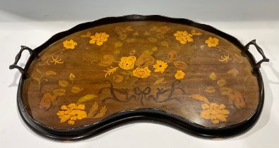 An Edwardian mahogany marquetry inlaid kidney shaped gallery tray, 59cm