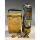 A miner's safety lamp, Ackroyd & Best Ltd, 28cm high excluding hook; a miner's brass box and handle;