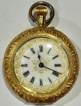 An 18ct gold lady's fob watch, Roman numerals on gilt decorated white dial, the case marked 18k,