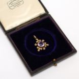 An Edwardian 16ct gold pendant, set with a single faceted amethyst, the border flanked with seed