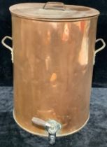 A late 19th/early 20th century large copper two handled hot water or tea urn and cover, tap to