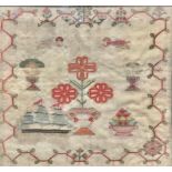 Textiles - an early 19th century needlework sampler, with three masted sailing ship, 33cm x 30cm