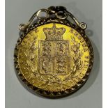 A Victorian full gold sovereign, 1873, young head, shield back, mounted in 9ct gold as a pendant, 9g