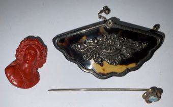 A Victorian silver and tortoiseshell brooch; a coral brooch