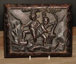 A Black Forest rectangular panel, carved in relief with boys out nesting, 21.5cm wide, late 19th