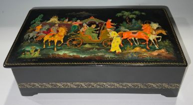 A Russian lacquered cigarette box, the hinged cover painted with Imperial procession, signed, 20cm