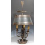 A French Empire style brass and green painted bouillote lamp, arrow cresting, dished base, 78cm