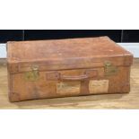 Vintage Luggage - an early 20th century pig skin suitcase, GWR and British Railways labels, 77cm