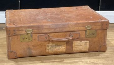 Vintage Luggage - an early 20th century pig skin suitcase, GWR and British Railways labels, 77cm