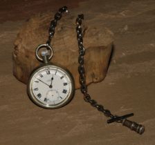 A 19th century steel Albert chain, 27.5cm long; a silver plated open faced pocket watch; a George