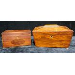 A 19th century mahogany sarcophagus tea caddy, the hinged cover enclosing two lidded compartments