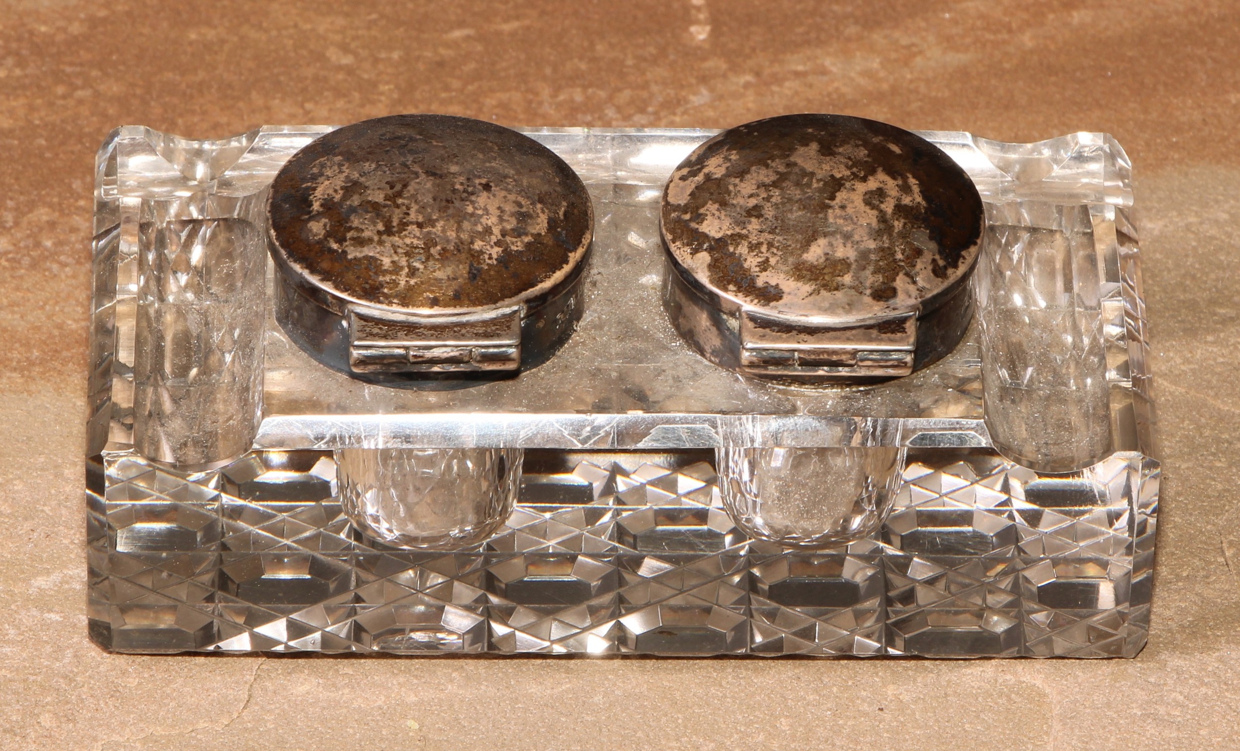 A George V silver mounted twin-section desk inkwell, hinged covers, hobnail-cut base, 11.5cm wide, - Image 3 of 4