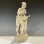 A late 19th century parian ware figure, modelled as a lutist, oval base, a/f, 45cm high