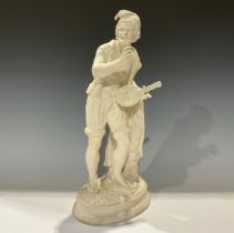 A late 19th century parian ware figure, modelled as a lutist, oval base, a/f, 45cm high